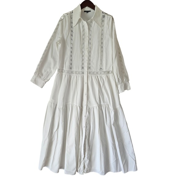 CQbyCQ White Maxi Button Down Long Sleeve Lace Trim Dress w/ PocketsM/L YJ01 - Picture 1 of 6
